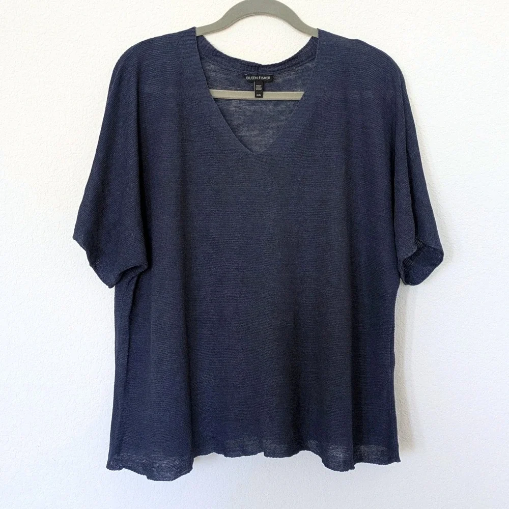 Eileen Fisher V-Neck Organic Linen Top Size M Navy Blue Knit Short Sleeve Boxy